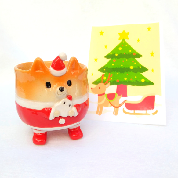 聖誕老人柴犬和雪人小咖啡杯 80 毫升聖誕狗陶器定制 第1張的照片