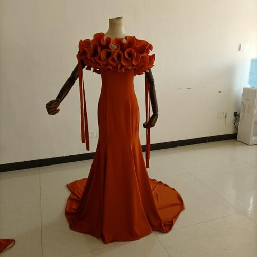 人気上昇！カラードレス テラコッタ色 取り外しオフショルダー袖  