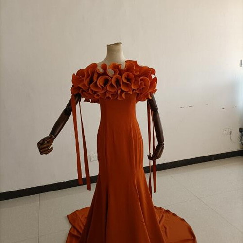 人気上昇！カラードレス テラコッタ色 取り外しオフショルダー袖  