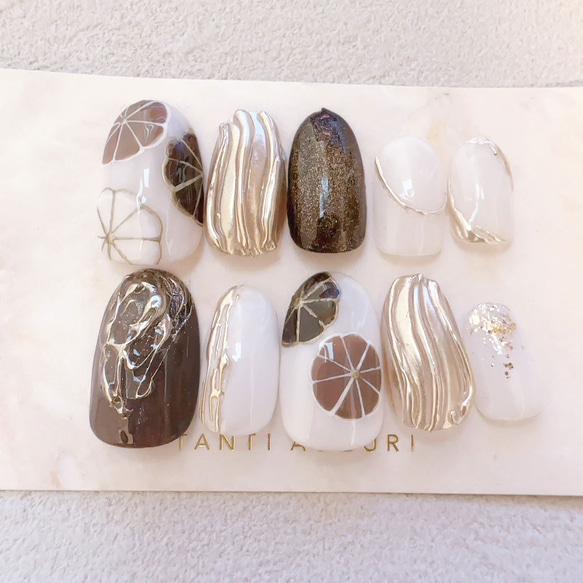 茶色 成人式 ネイルチップ 振袖 ブラウン 和風 和柄 ラウンド形 ネイル