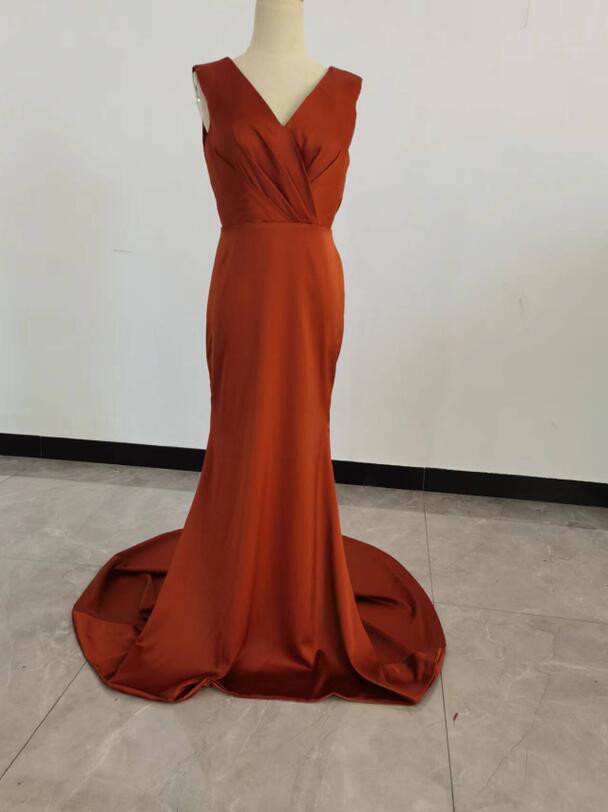 エレガント パーティードレス テラコッタ色 Vネック ノースリーブ 可愛い 花嫁/結婚式/二次会