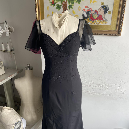 上品！黒 パーティードレス シースルー短袖 ソフトマーメイドライン 2  