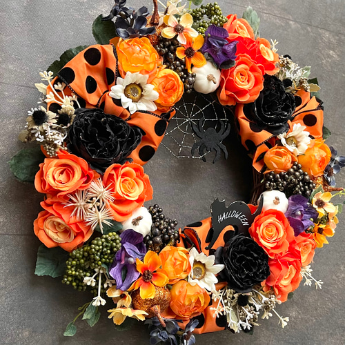 りさ　オルゴナイト　ハロウィンでか耳くま　オレンジプリザードフラワー薔薇 りさ オルゴナイト ハロウィンでか耳くま オレンジプリザード