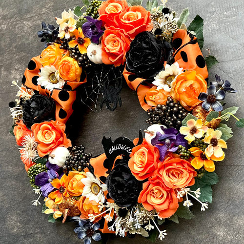 No.wreath-15522/大型ハロウィンリース23-(7) オレンジ系 36cm