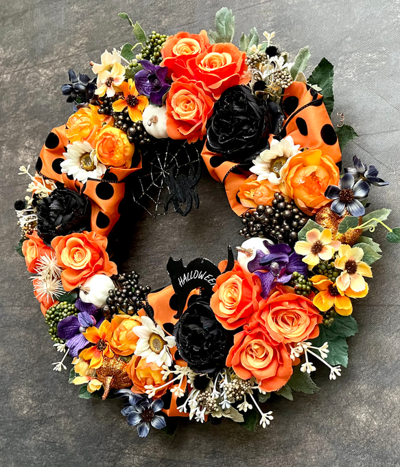 No.wreath-15522/大型ハロウィンリース23-(7) オレンジ系　36cm/アーティフィシャルフラワー造花 3枚目の画像
