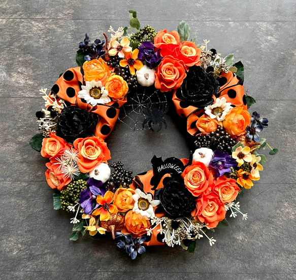 No.wreath-15522/大型ハロウィンリース23-(7) オレンジ系　36cm/アーティフィシャルフラワー造花 15枚目の画像