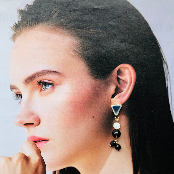 個性的黒シー陶器天然石のピアスイヤリング/サージカルステンレス