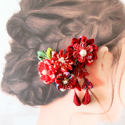送料無料＊つまみ細工和風髪飾りセットD(S︰赤系) ヘアクリップ 