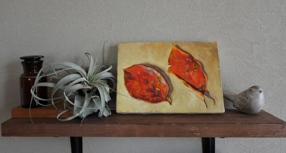 柿の葉の小さい油絵原画 3枚目の画像