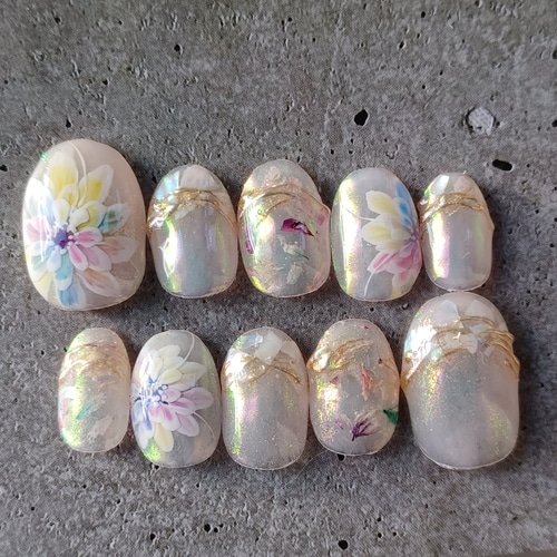 即日発送/オーロラ カラフルフラワー ネイルチップ 現品 No.54 ネイル  