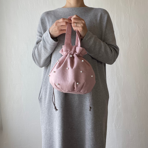 ミー ダルメシアン×くすみピンク巾着バッグ パールのピンク巾着トートバッグ 巾着バッグ oto 通販 16649252