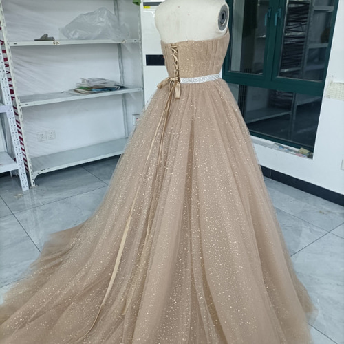 華やか カーキ色 カラードレス キラキラグリッターチュール ビジュー  