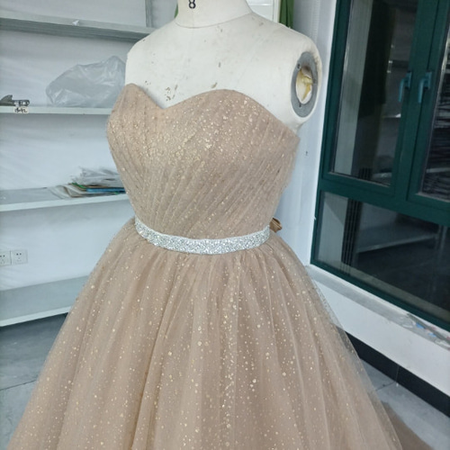 華やか カーキ色 カラードレス キラキラグリッターチュール ビジュー  