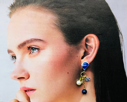 耳元華やか青いシー陶器天然石ピアスイヤリング/シーグラスシーガラス