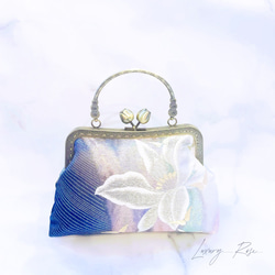 ラスト1点特別価格！気品漂うカトレアのモダンに眩い輝きの高級西陣帯地を使ったがま口パーティーバッグ帯バッグフォーマル 2枚目の画像