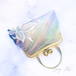 ラスト1点特別価格！気品漂うカトレアのモダンに眩い輝きの高級西陣帯地を使ったがま口パーティーバッグ帯バッグフォーマル 8枚目の画像