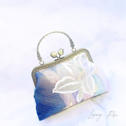 ラスト1点特別価格！気品漂うカトレアのモダンに眩い輝きの高級西陣帯地を使ったがま口パーティーバッグ帯バッグフォーマル 3枚目の画像