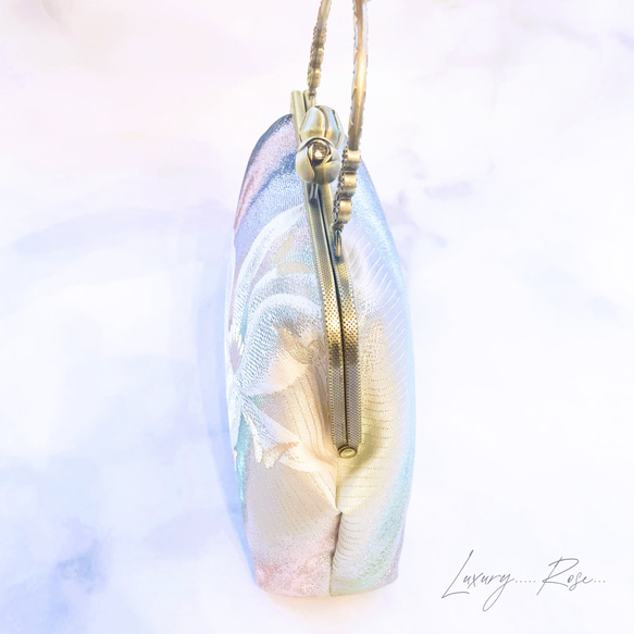 ラスト1点特別価格！気品漂うカトレアのモダンに眩い輝きの高級西陣帯地を使ったがま口パーティーバッグ帯バッグフォーマル 11枚目の画像