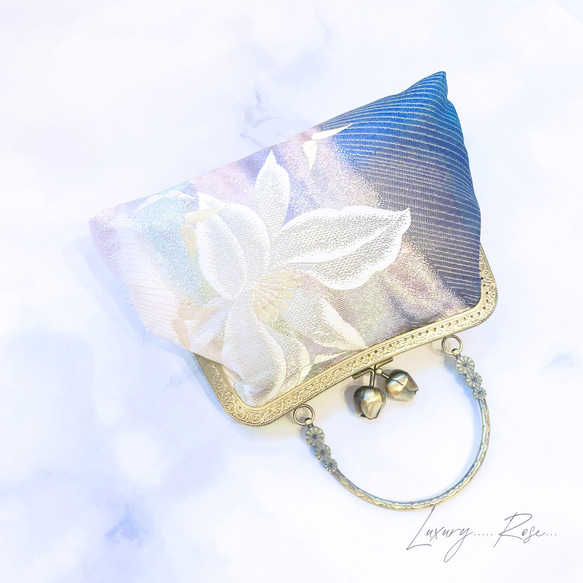 ラスト1点特別価格！気品漂うカトレアのモダンに眩い輝きの高級西陣帯地を使ったがま口パーティーバッグ帯バッグフォーマル 7枚目の画像