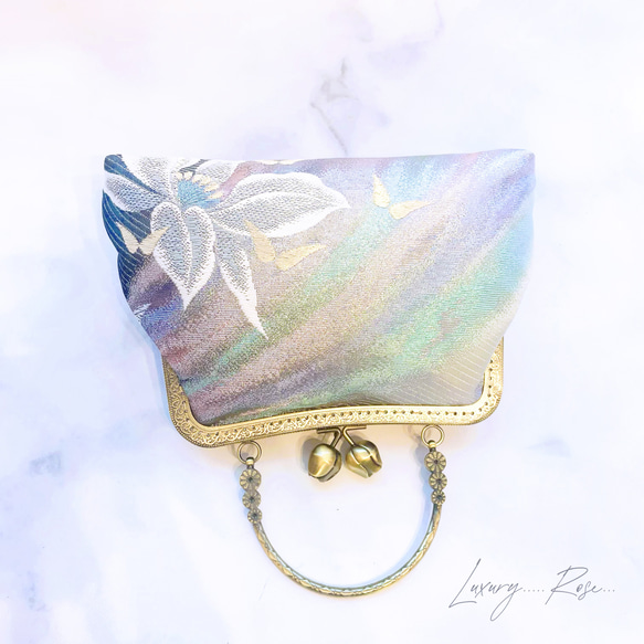 ラスト1点特別価格！気品漂うカトレアのモダンに眩い輝きの高級西陣帯地を使ったがま口パーティーバッグ帯バッグフォーマル 9枚目の画像