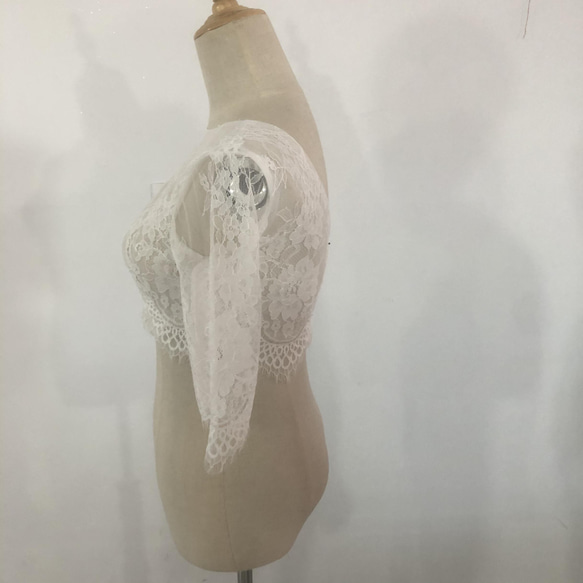 優雅緊身胸衣波萊羅，盛開透明花朵蕾絲，透明長袖，新娘/婚禮/招待會 第4張的照片