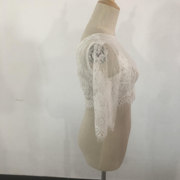 優雅緊身胸衣波萊羅，盛開透明花朵蕾絲，透明長袖，新娘/婚禮/招待會 第2張的照片