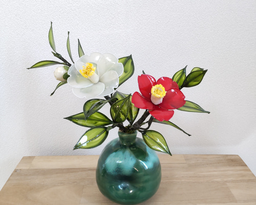 椿♡一輪挿し♡紅白♡アメリカンフラワー♡ディップアート