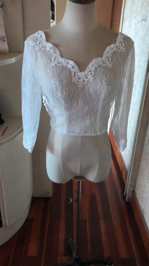 エレガント ボレロ 裾に繊細レースをあしらった Vネック 長袖 花嫁/結婚式/ブライズメイド