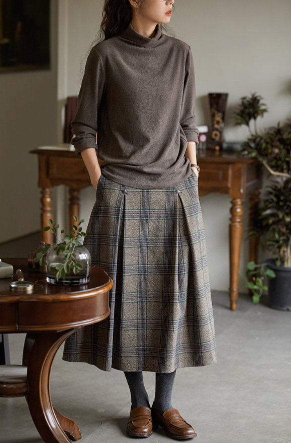 上品感溢れチェック柄スカート　秋冬スカート　ウール混 3枚目の画像