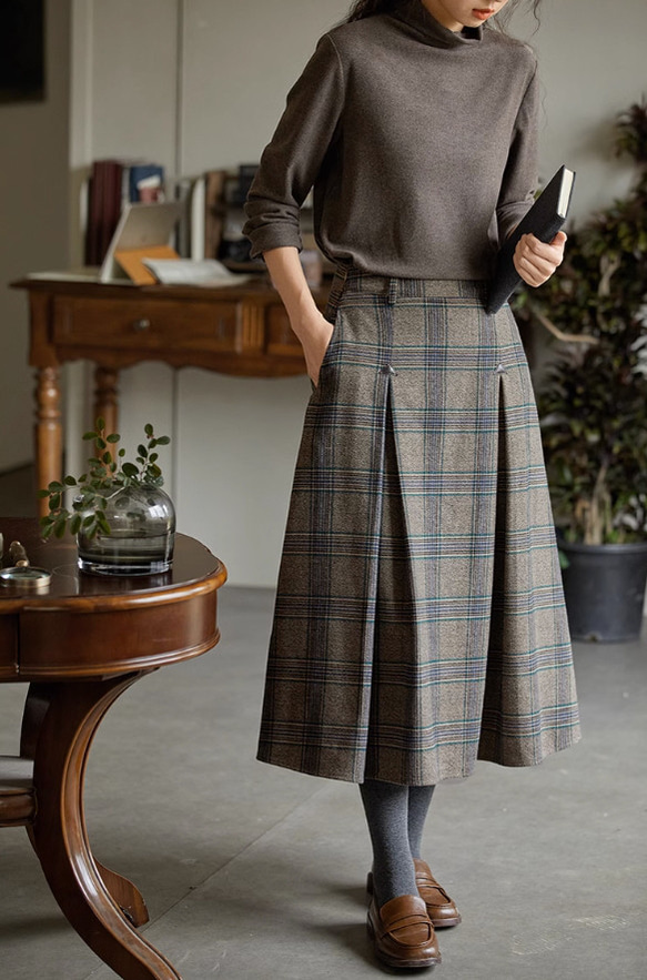上品感溢れチェック柄スカート　秋冬スカート　ウール混 9枚目の画像