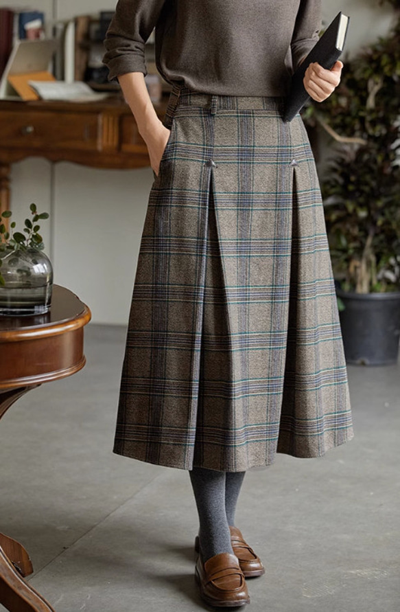 上品感溢れチェック柄スカート　秋冬スカート　ウール混 1枚目の画像