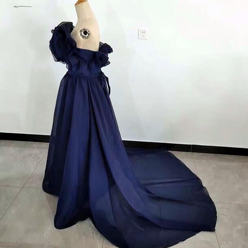 高品質！ネイビー パーティードレス ベアトップ トレーン/ロング  