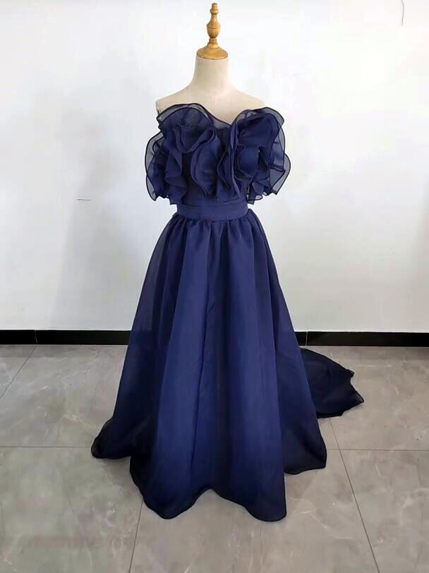 高品質！ネイビー パーティードレス ベアトップ トレーン/ロング 披露宴/ お呼ばれ 高品質！紺/ネイビー パーティ