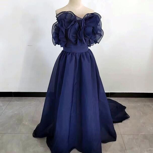 高品質！ネイビー パーティードレス ベアトップ トレーン/ロング  