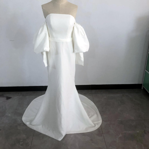 優雅 スレンダーライン パーティードレス ベアトップ 姫袖 結婚式  