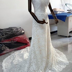 優雅灰白色婚紗奢華全蕾絲 V 領絲帶拖尾新娘/婚禮/招待會 第1張的照片