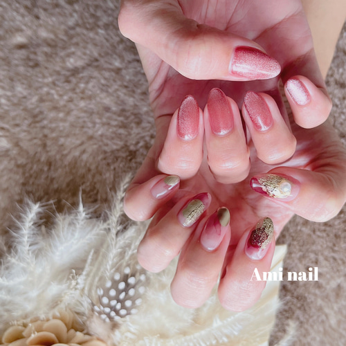 ネイルチップオーダー ワインレッド赤ピンクホワイトパール春ゴールドニュアンス ネイルチップオーダー ワインレッド赤ピンクホワイトパール春
