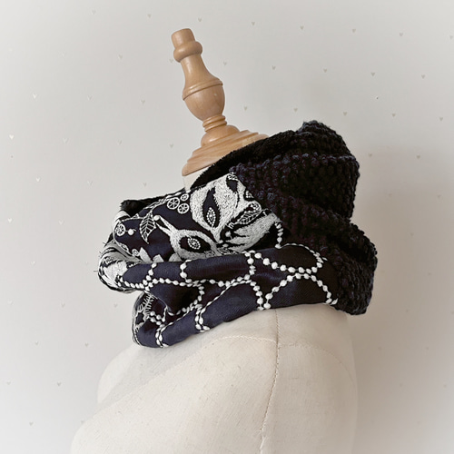 ミナペルホネン　ネイビーブラック系パッチ　ボリュームスヌード　シルキーボア使用 ミナペルホネン ネイビーブラック系パッチ ボリュームスヌード