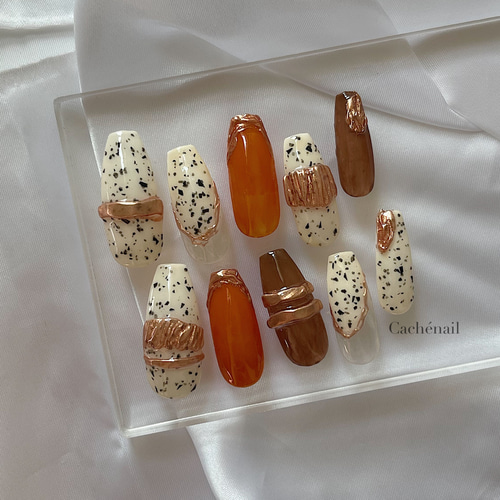 ネイルチップ リングネイル 秋ネイル ブラウンネイル オレンジネイル