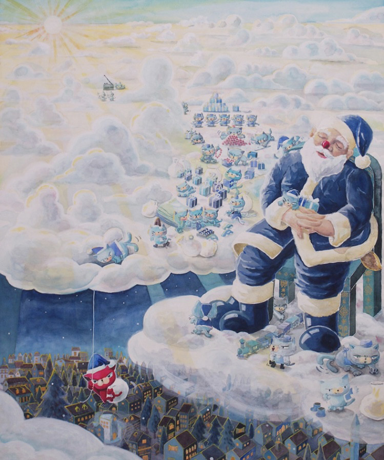 水彩画 花とサンタ 水彩画 原画