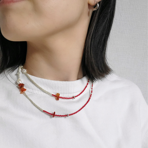 [選べる2種]ビーズと淡水パールネックレス...red&CARNELIAN　ビーズアクセサリー　天然石ネックレス 11枚目の画像