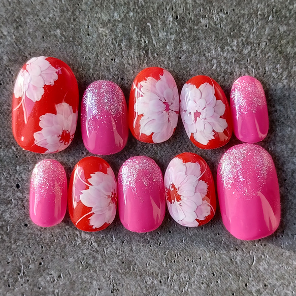 受注製作】濃い赤×濃いピンク フラワー ネイルチップ No.55 ネイル  