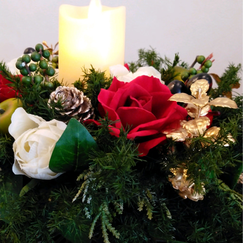 クリスマス アレンジメント デコレーション❣️ライト付き❣️ayu❣️ 聖夜に灯す華やかなXmasキャンドルアレンジメント〜素敵なChristmasを