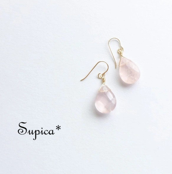 s225-712【天然石 ローズクォーツ】14kgf 淡いさくら色のピアス