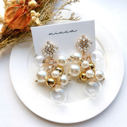 ゴールド］ビジューパール×ガラスmixジャラジャラパール ピアス