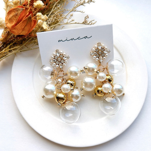 ゴールド］ビジューパール×ガラスmixジャラジャラパール ピアス