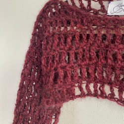 手編みシアーモヘアニット　短丈　長め袖　ブドウ色ローゲージ 5枚目の画像