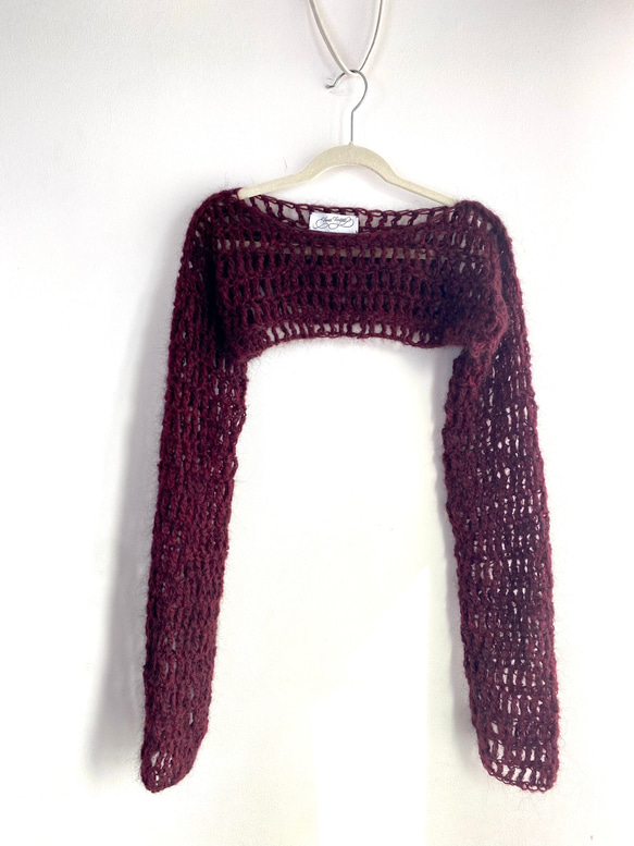手編みシアーモヘアニット　短丈　長め袖　ブドウ色ローゲージ 7枚目の画像