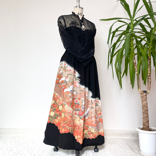 黒留袖着物リメイクウエストゴムロングスカート送料無料フリーサイズ1  