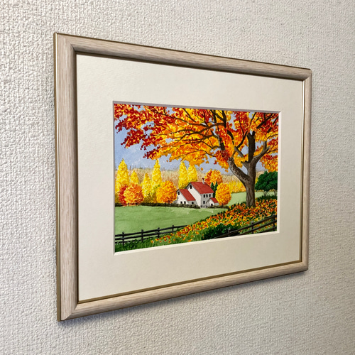 オータムフィールド01」透明水彩画 原画 風景画 額縁付 SMサイズ